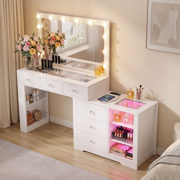 Artiss Dressing Table Vanity Desk Set Stool LED Charging Station White FUR-AG-DRESS01N-WH-AB