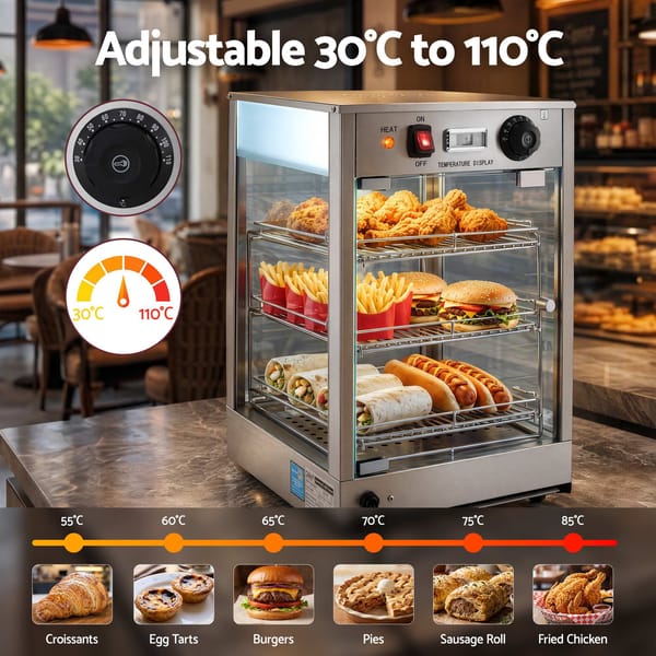 Devanti Commercial Food Warmer 850W 3 Shelf Heated Display Cabinet FW-350M-SI