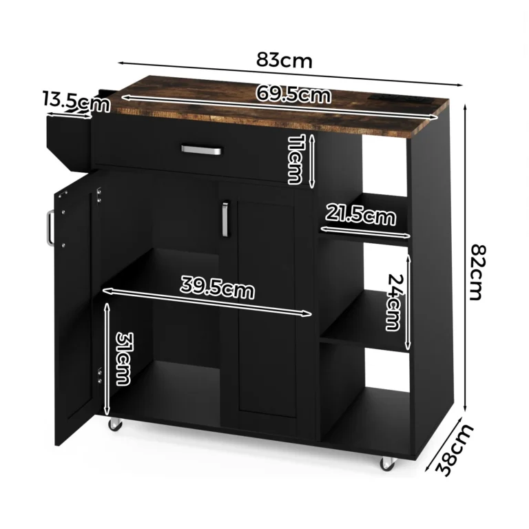 Kitchen Island Cart on Wheels with Charging Station Black 83x38x82cm LSB-59332