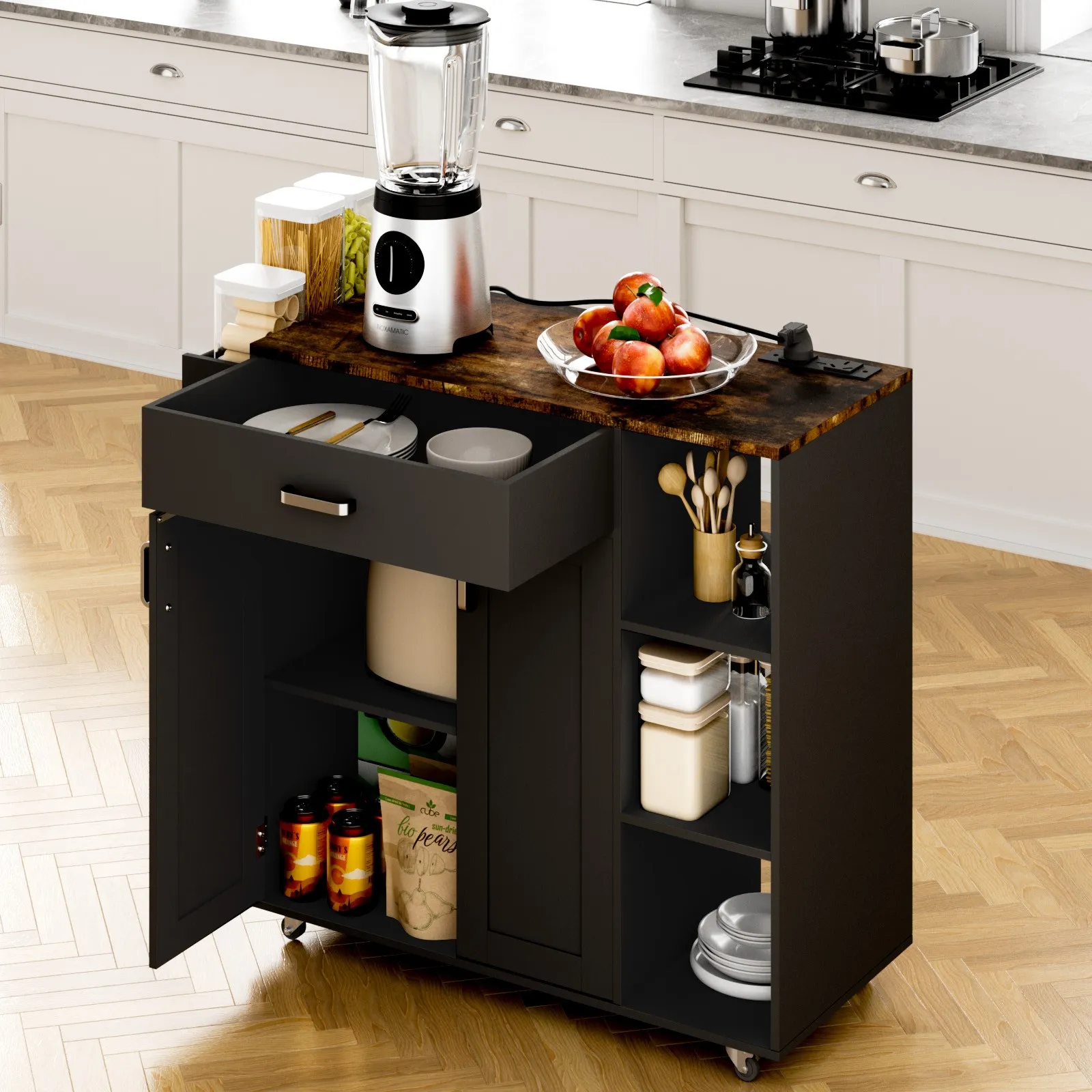 Kitchen Island Cart on Wheels with Charging Station Black 83x38x82cm LSB-59332