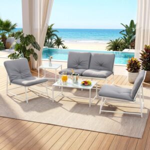 Gardeon 5-Piece Outdoor Sofa Set with Cushions table and Chairs White ODF-5PC-SOFA-TXL-WH-AB