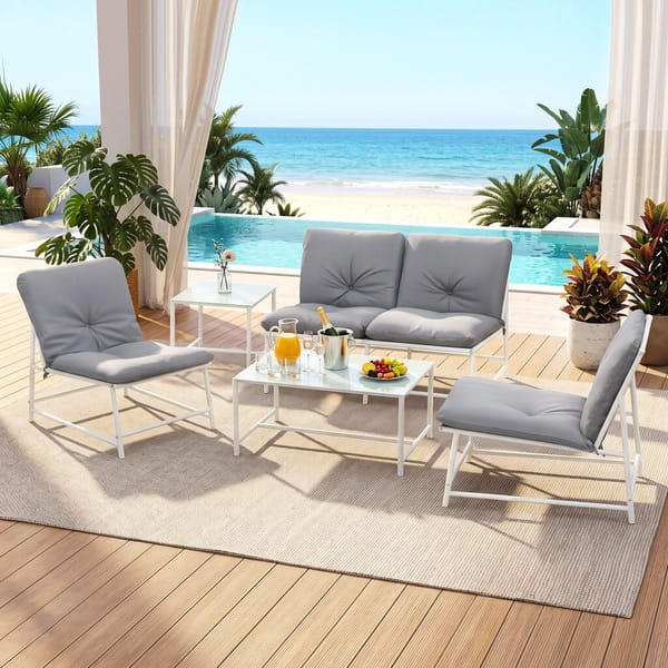 Gardeon 5-Piece Outdoor Sofa Set with Cushions table and Chairs White ODF-5PC-SOFA-TXL-WH-AB