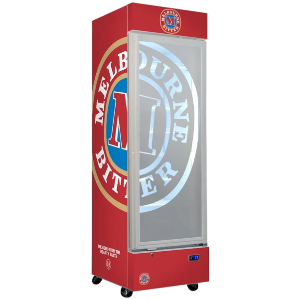 Melbourne Bitter Branded Design - Upright Quiet Running Glass Door Bar Fridge SC372W-MB