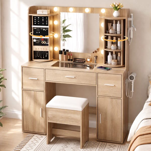 Artiss Dressing Table Vanity Desk LED Mirror Stool Set Charging Station Glass Top Rotating Shelf Wood FUR-S-DRESS01-WD-ABC