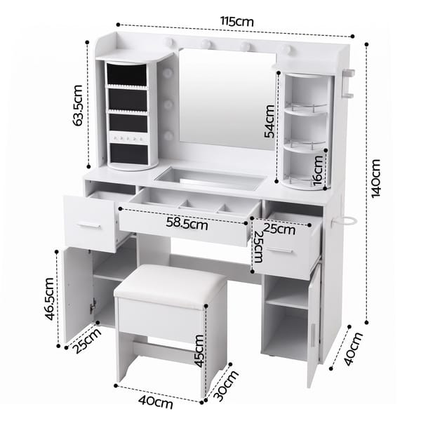 Artiss Dressing Table Vanity Desk LED Mirror Stool Set Charging Station Glass Top Rotating Shelf White FUR-S-DRESS01-WH-ABC