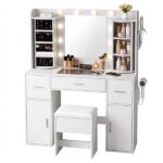 Artiss Dressing Table Vanity Desk LED Mirror Stool Set Charging Station Glass Top Rotating Shelf White FUR-S-DRESS01-WH-ABC