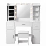 Artiss Dressing Table Vanity Desk LED Mirror Stool Set Charging Station Glass Top Rotating Shelf White FUR-S-DRESS01-WH-ABC