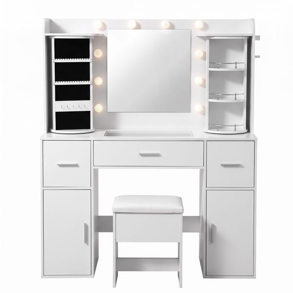 Artiss Dressing Table Vanity Desk LED Mirror Stool Set Charging Station Glass Top Rotating Shelf White FUR-S-DRESS01-WH-ABC