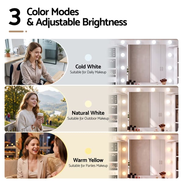 Artiss Dressing Table Vanity Desk LED Mirror Stool Set Charging Station Glass Top Rotating Shelf White FUR-S-DRESS01-WH-ABC