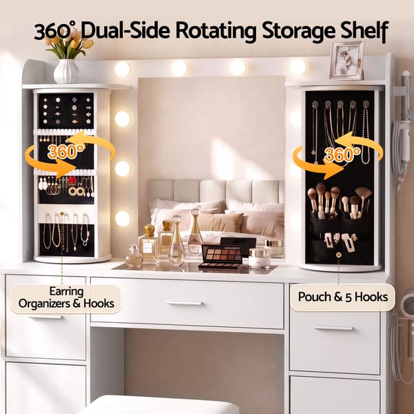 Artiss Dressing Table Vanity Desk LED Mirror Stool Set Charging Station Glass Top Rotating Shelf White FUR-S-DRESS01-WH-ABC