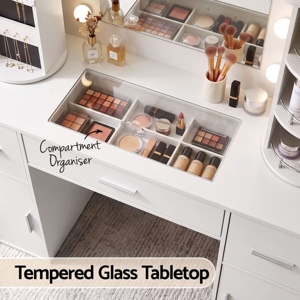 Artiss Dressing Table Vanity Desk LED Mirror Stool Set Charging Station Glass Top Rotating Shelf White FUR-S-DRESS01-WH-ABC