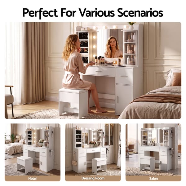 Artiss Dressing Table Vanity Desk LED Mirror Stool Set Charging Station Glass Top Rotating Shelf White FUR-S-DRESS01-WH-ABC