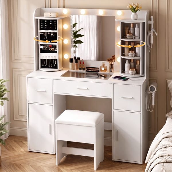 Artiss Dressing Table Vanity Desk LED Mirror Stool Set Charging Station Glass Top Rotating Shelf White FUR-S-DRESS01-WH-ABC