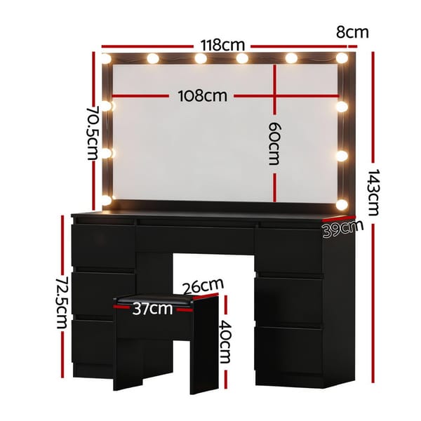 Artiss Dressing Table Vanity Desk Set Stool 12 Led Bulbs Black FURNI-N-DRESS02-LED-BK-AB