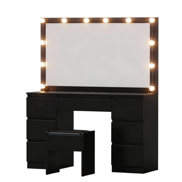 Artiss Dressing Table Vanity Desk Set Stool 12 Led Bulbs Black FURNI-N-DRESS02-LED-BK-AB
