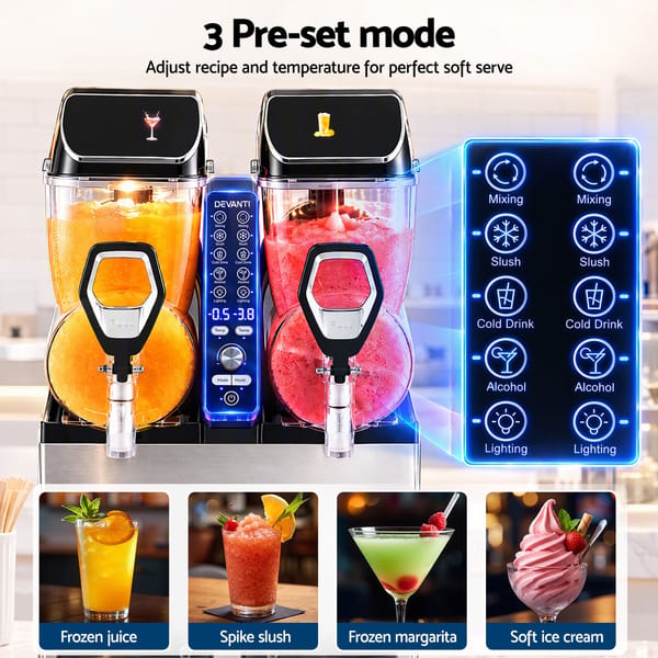 Devanti Commercial Slushie Machine 15L x2 Frozen Drink Maker Dual Tank Silver SLS-CRCOM-15LX2-SS