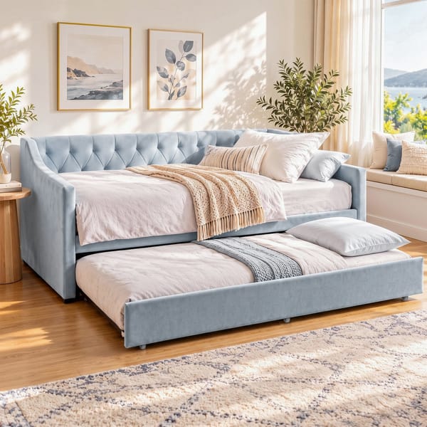 Artiss King Single Buttonless Tufted Daybed with Pull-Out Trundle Light Blue XFSI-DBRK111AKS-AB