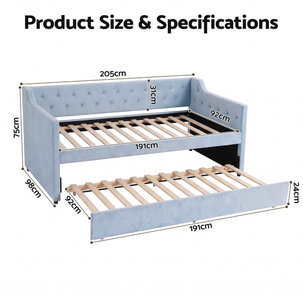 Artiss Single Buttonless Tufted Daybed Frame & Trundle Blue XFSI-DBRK111AS-AB