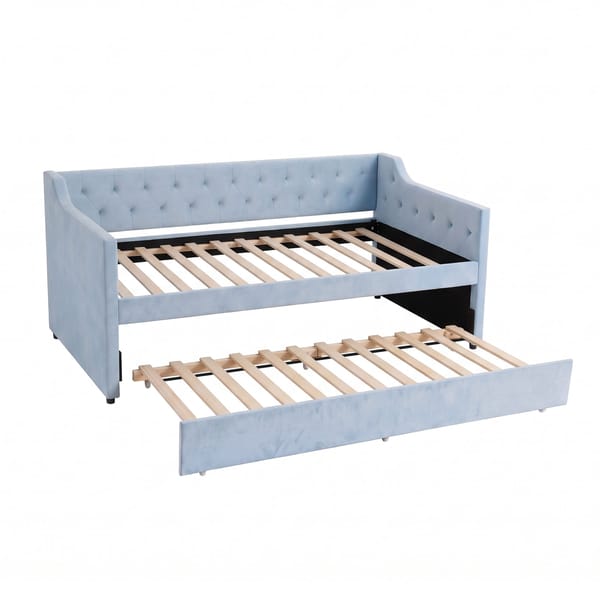 Artiss Single Buttonless Tufted Daybed Frame & Trundle Blue XFSI-DBRK111AS-AB