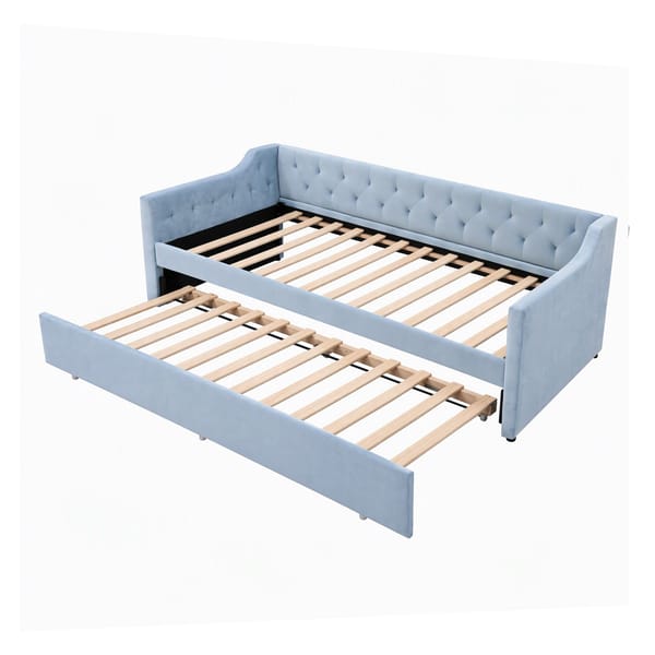 Artiss Single Buttonless Tufted Daybed Frame & Trundle Blue XFSI-DBRK111AS-AB