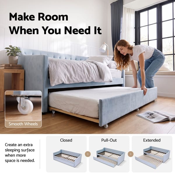 Artiss Single Buttonless Tufted Daybed Frame & Trundle Blue XFSI-DBRK111AS-AB