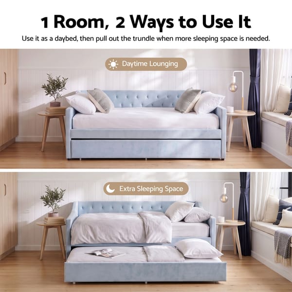 Artiss Single Buttonless Tufted Daybed Frame & Trundle Blue XFSI-DBRK111AS-AB