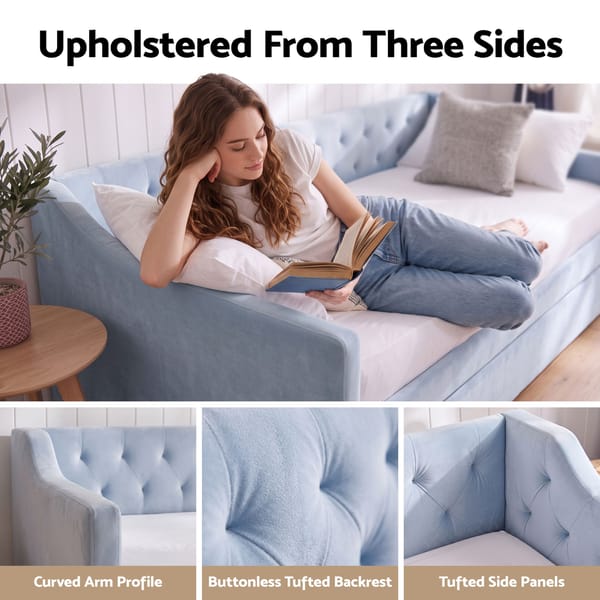 Artiss Single Buttonless Tufted Daybed Frame & Trundle Blue XFSI-DBRK111AS-AB