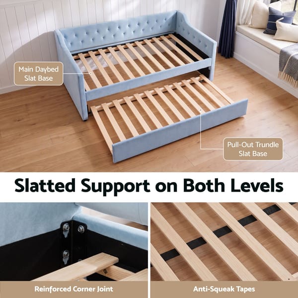 Artiss Single Buttonless Tufted Daybed Frame & Trundle Blue XFSI-DBRK111AS-AB