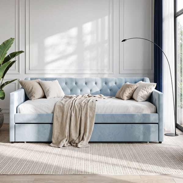 Artiss Single Buttonless Tufted Daybed Frame & Trundle Blue XFSI-DBRK111AS-AB