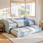 Artiss Single Buttonless Tufted Daybed Frame & Trundle Blue XFSI-DBRK111AS-AB