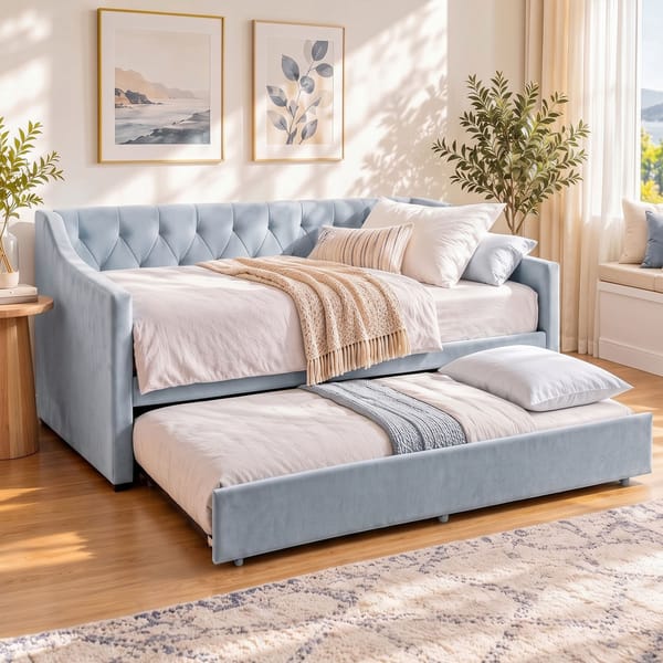 Artiss Single Buttonless Tufted Daybed Frame & Trundle Blue XFSI-DBRK111AS-AB